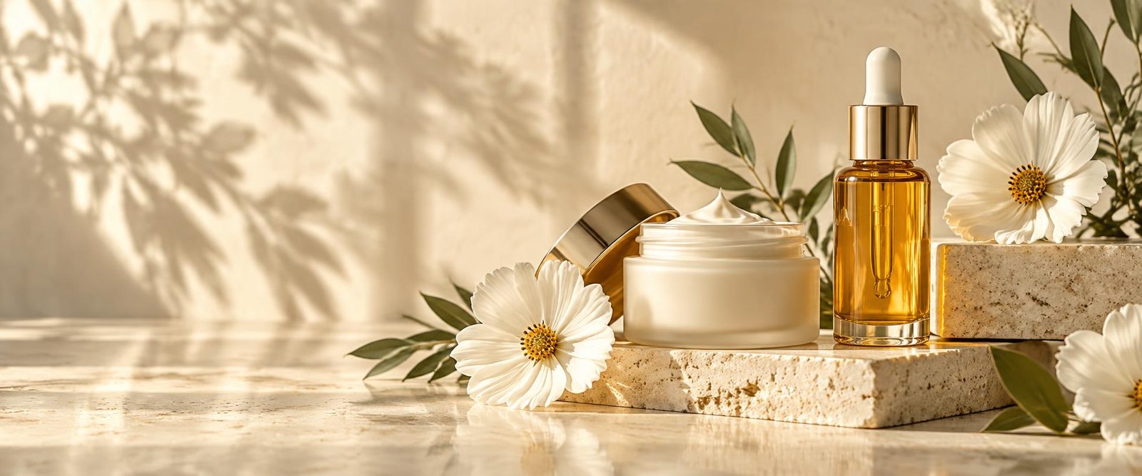 Cream and facial oil arranged with flowers in warm light