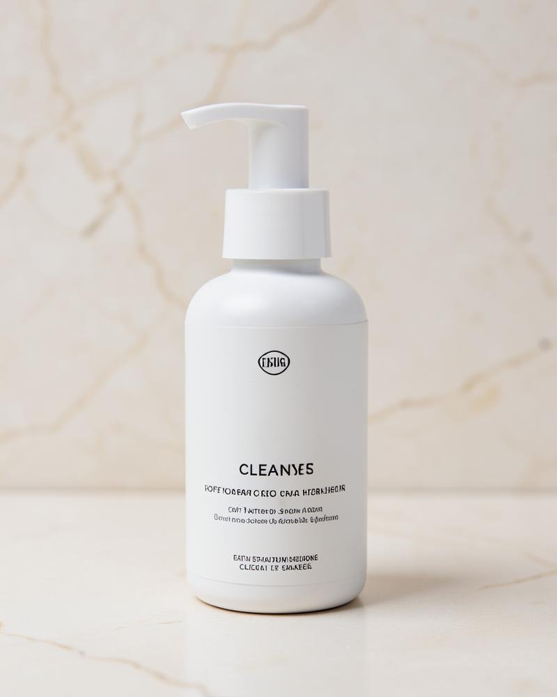 White ceramic pump bottle cleanser on pale marble