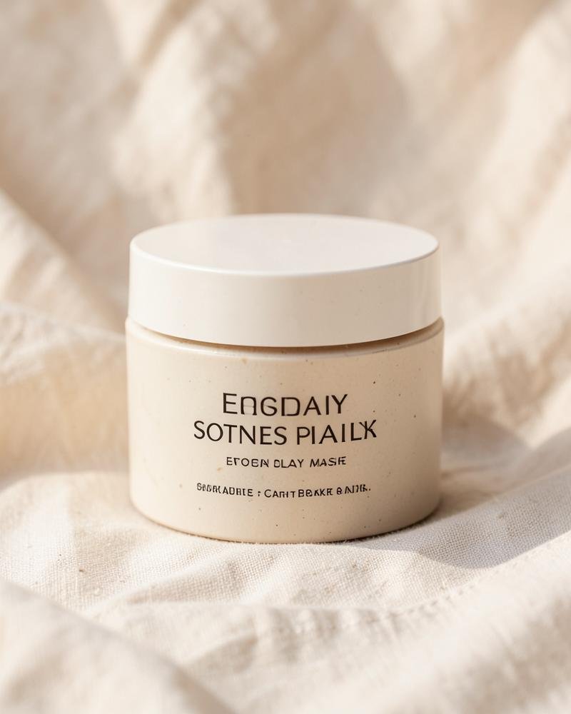 Stone-toned clay mask jar resting on linen cloth