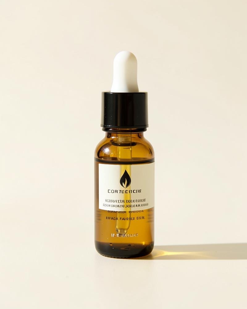Amber glass facial oil bottle in soft morning light