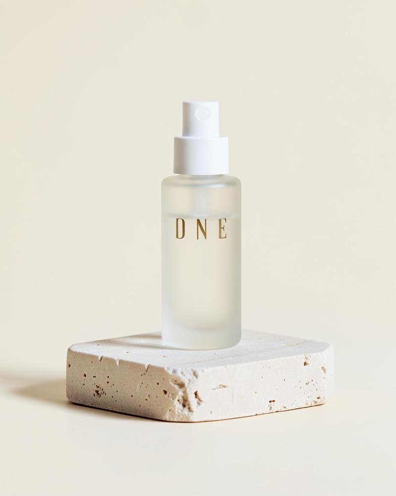 Frosted glass serum bottle on a pale stone plinth